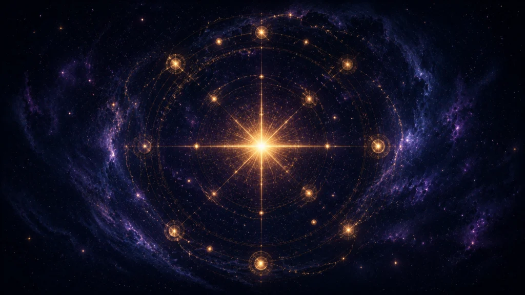 深い紫色の星雲が広がる宇宙で黄金の幾何学模様と中心にある一際明るい恒星が神秘的に輝いている。