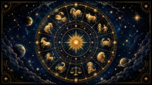 輝く太陽と12星座のシンボルが円状に並び惑星や星々が宇宙を漂う黄金色の神秘的な占星術チャート