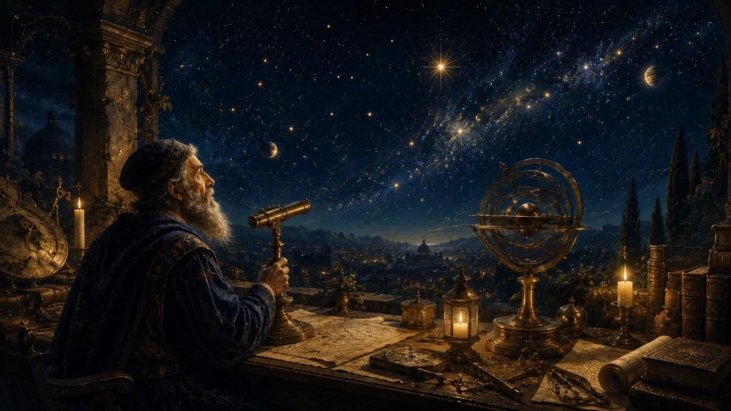 天文台で天体望遠鏡や天球儀に囲まれた白髭の学者が満天の星が輝く夜空を静かに見上げている