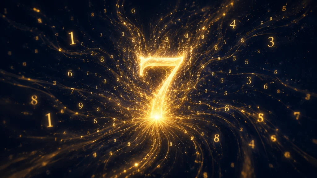 漆黒の空間で黄金に発光する巨大な数字の7が、無数の光の粒子や数字を渦巻くように放っている。