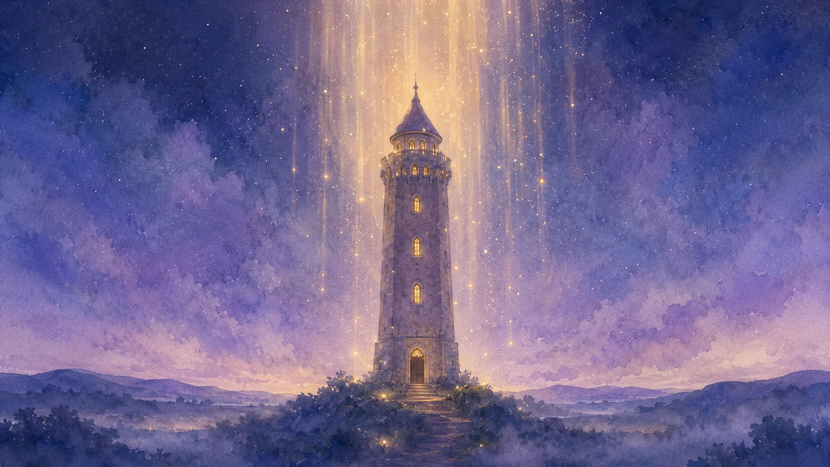 雷ではなくやわらかな光が降りそそぐ夜空の下に静かに立つ塔