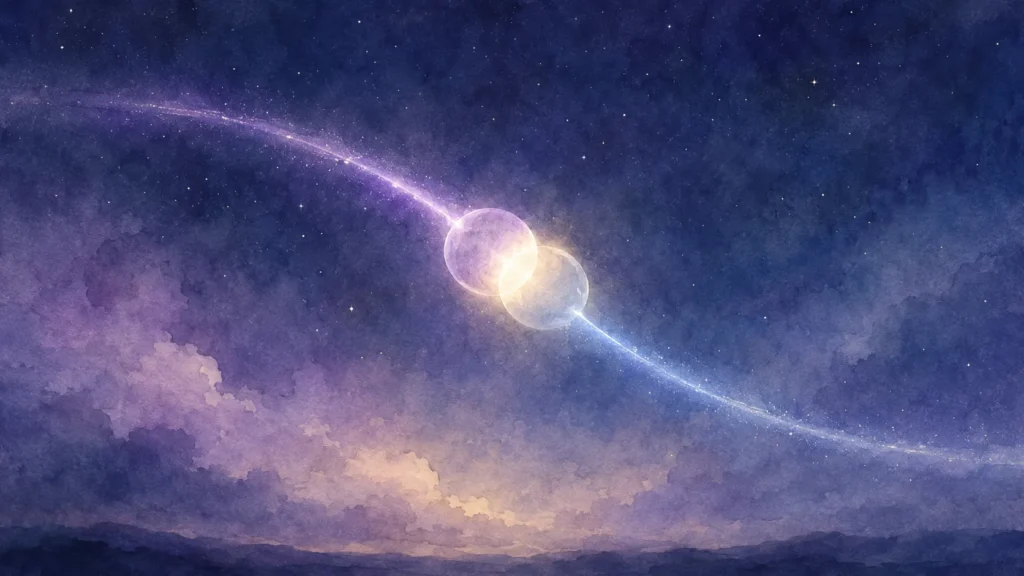 夜空でふたつの光の玉がそれぞれの軌道を描きながら近づき、重なった部分が淡く輝いている様子