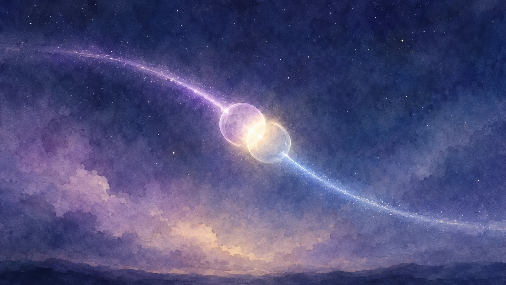 夜空でふたつの光の玉がそれぞれの軌道を描きながら近づき、重なった部分が淡く輝いている様子