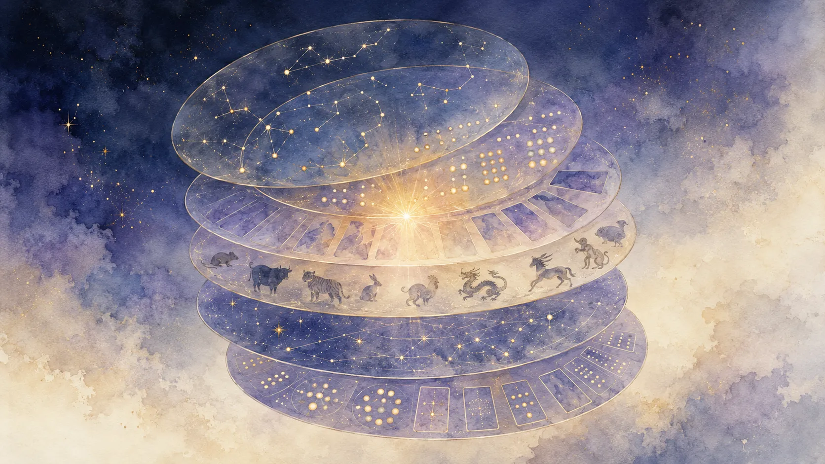 星座・干支・カードの模様が描かれた透明な円盤が角度をずらして重なり、中心に光が集まっている図