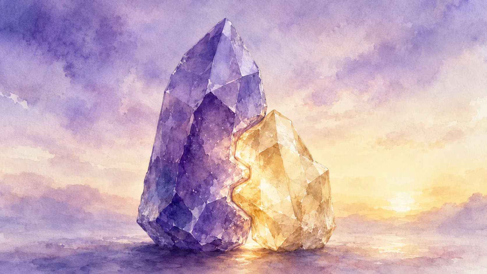 形の違う紫と金のふたつの結晶が、欠けた部分を補い合うように寄り添っている水彩画