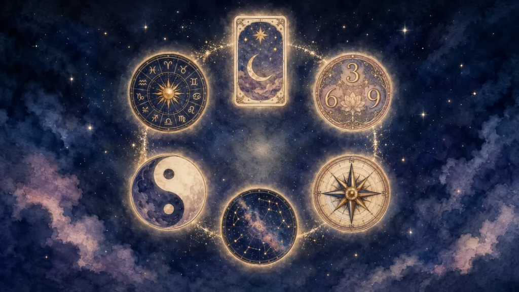 星空に輪になって浮かぶタロットや星座盤など6つの占術の紋章