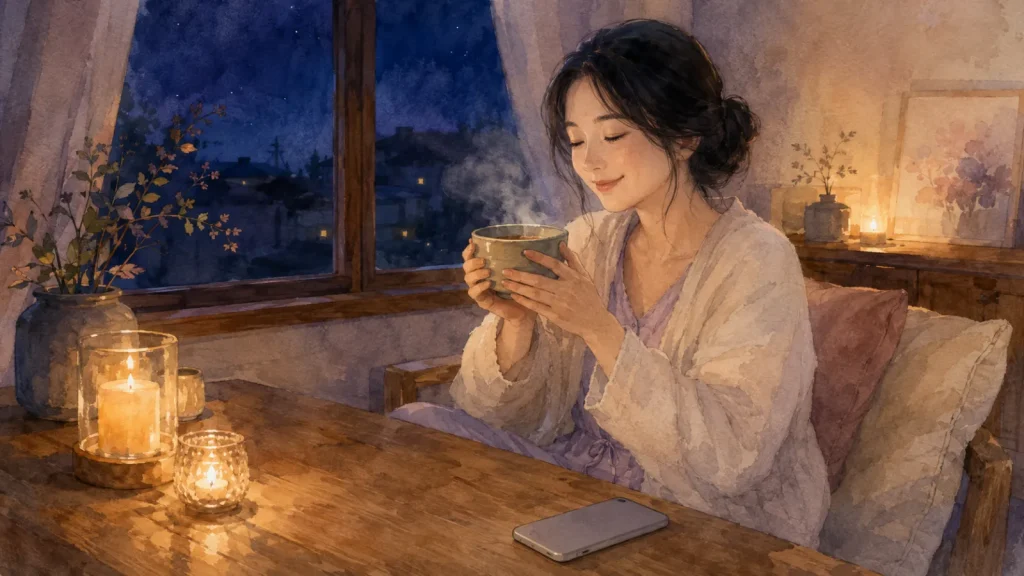 キャンドルの灯る部屋でスマホを伏せ温かいお茶を楽しむ女性