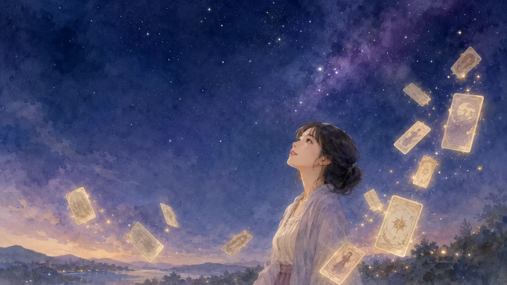 星空を見上げる女性のまわりで光るタロットカードが輝く夜の風景