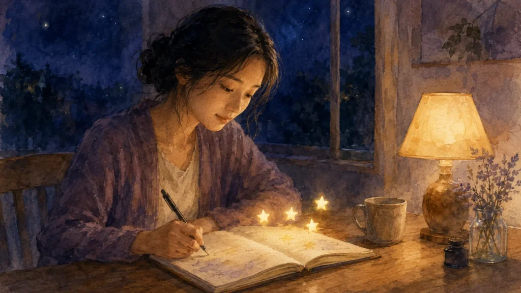 夜のランプの下でノートに気持ちを書き出す女性と4つの光る星