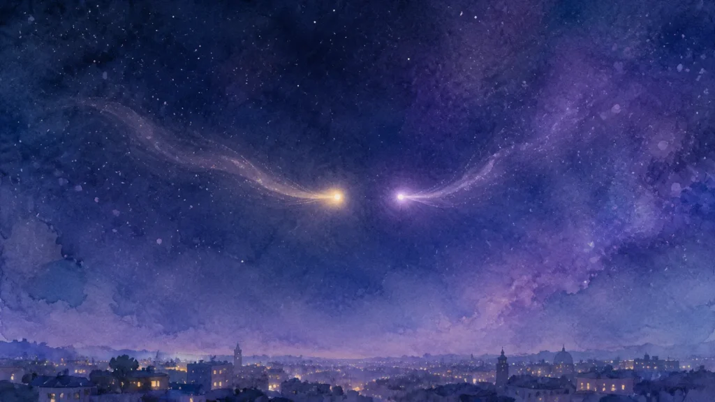 夜の街の上でゆっくり近づいていく二つのやわらかな光