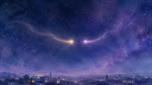 夜の街の上でゆっくり近づいていく二つのやわらかな光