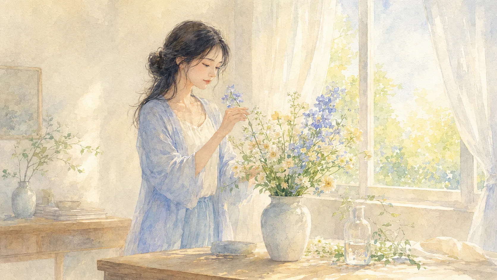 朝の光が差し込む部屋の窓辺で花を生ける女性