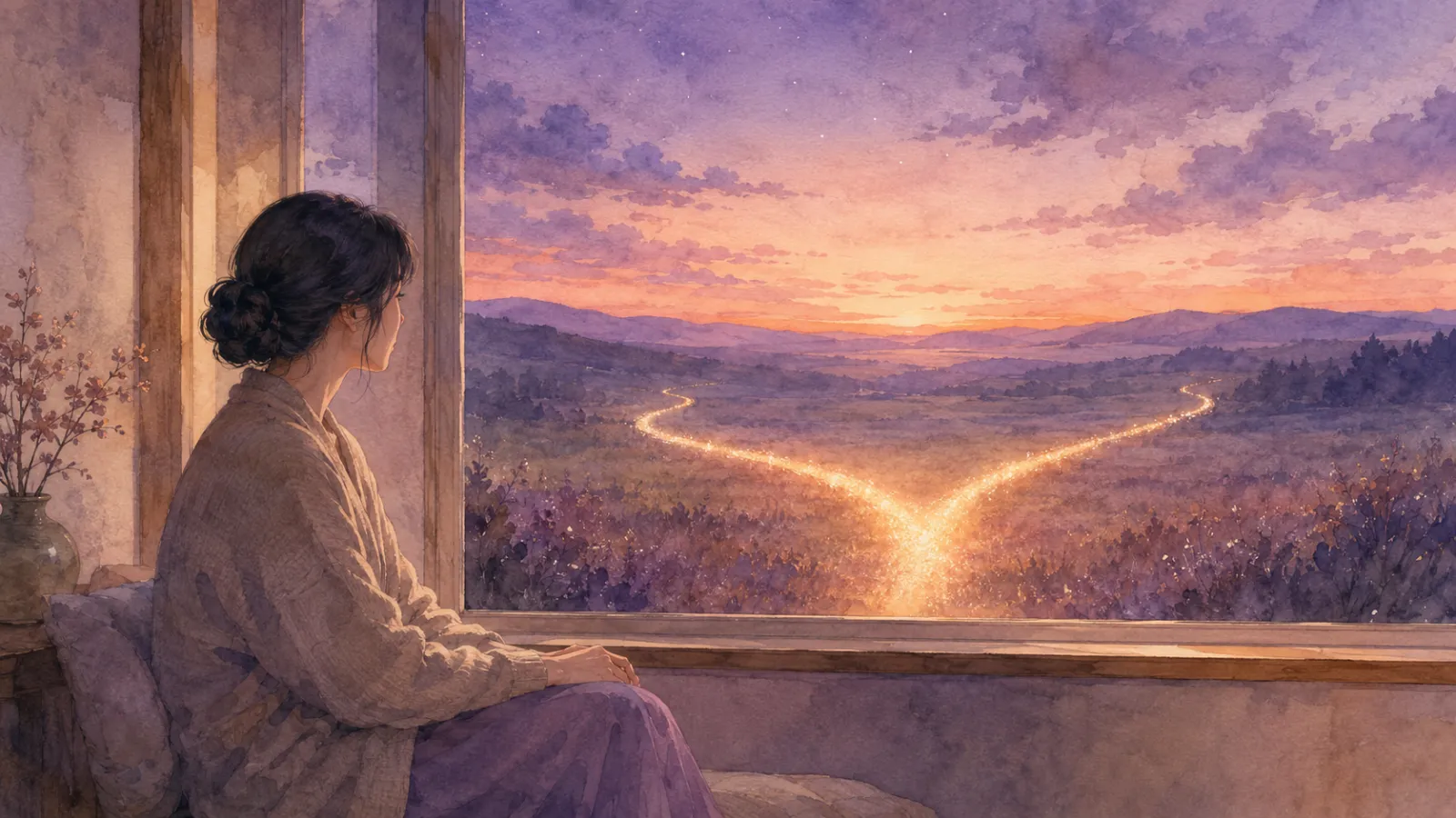 夕暮れの窓辺で光の分かれ道を静かに見つめる女性