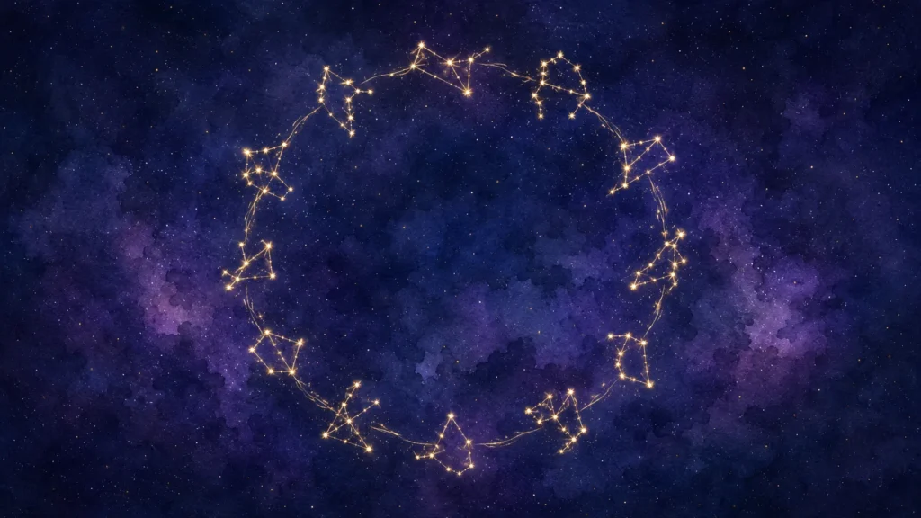 円をえがいて並ぶ12星座が金色の光の筋でつながる夜空