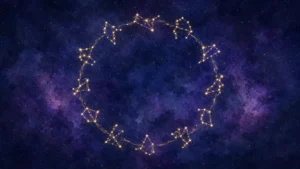 円をえがいて並ぶ12星座が金色の光の筋でつながる夜空