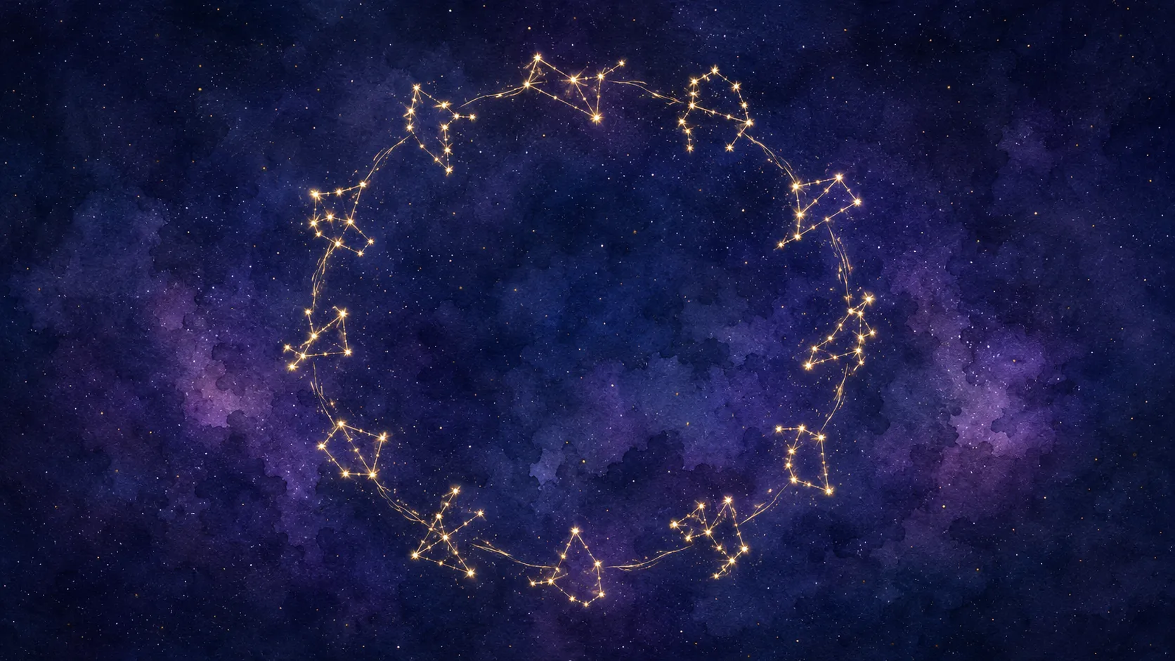 円をえがいて並ぶ12星座が金色の光の筋でつながる夜空