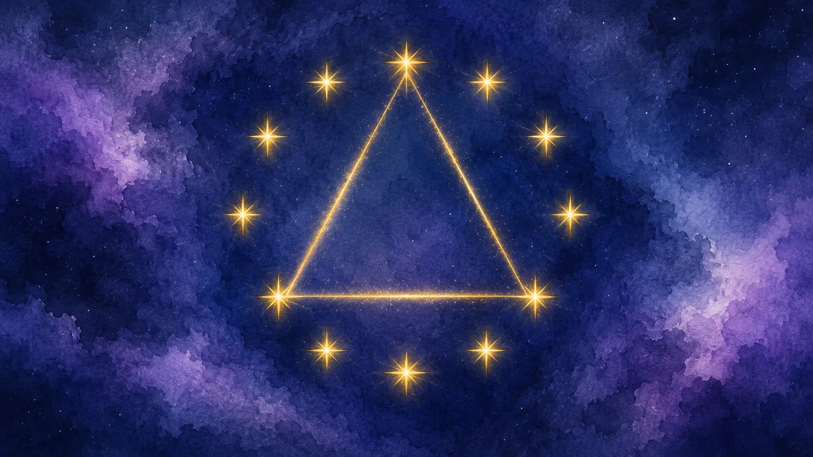 円周に並ぶ12の星のうち3つを金色の三角形が結ぶ夜空